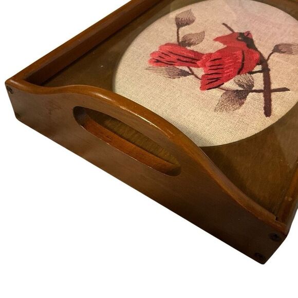 Vintage Cardinal Glass Topped Wood Needlepoint Tray with Handles by Three Mounta - Picture 4 of 11
